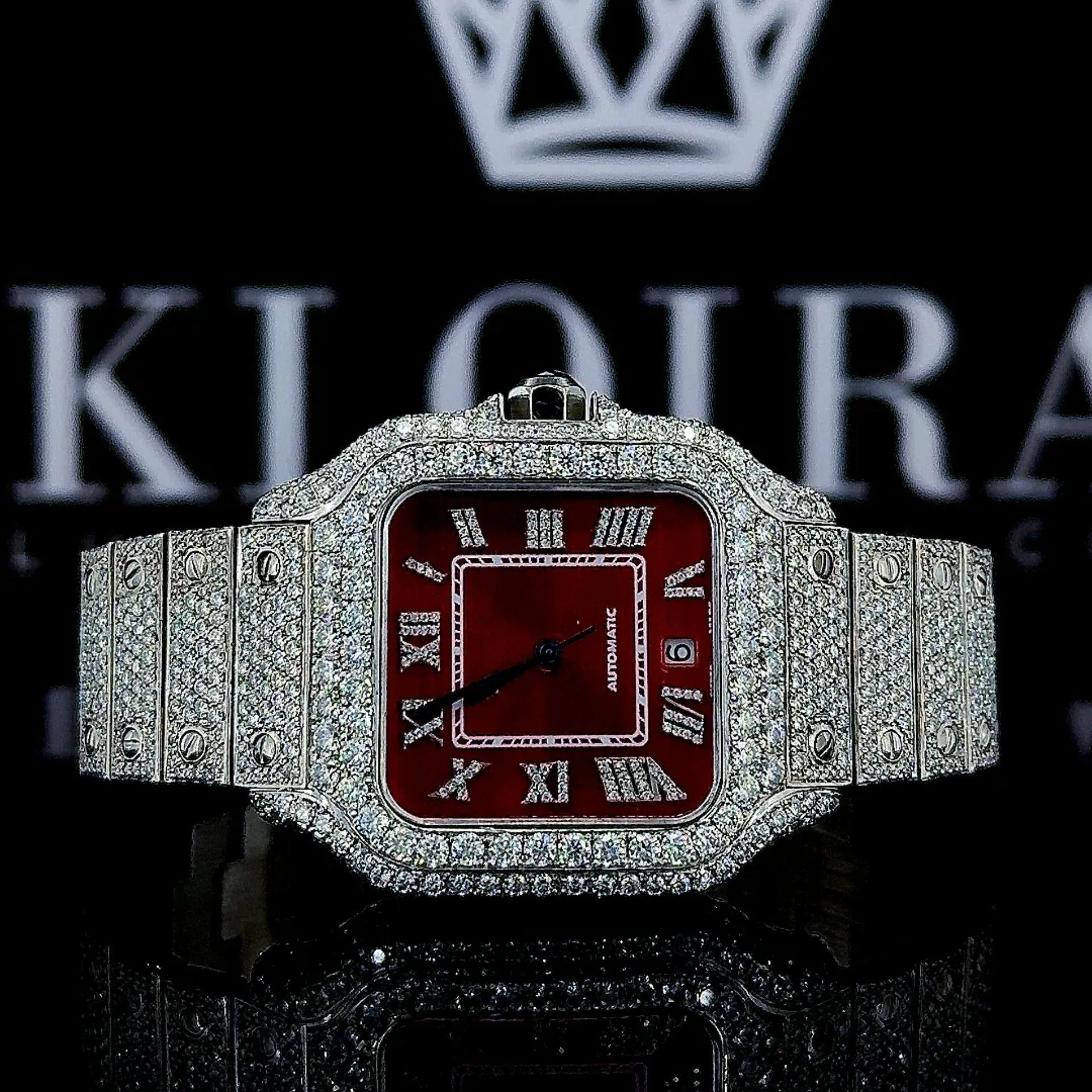 Cartior Fully Iced Out Red Dial Moissanite Watch with Roman Numerals and Iced-Out Bracelet