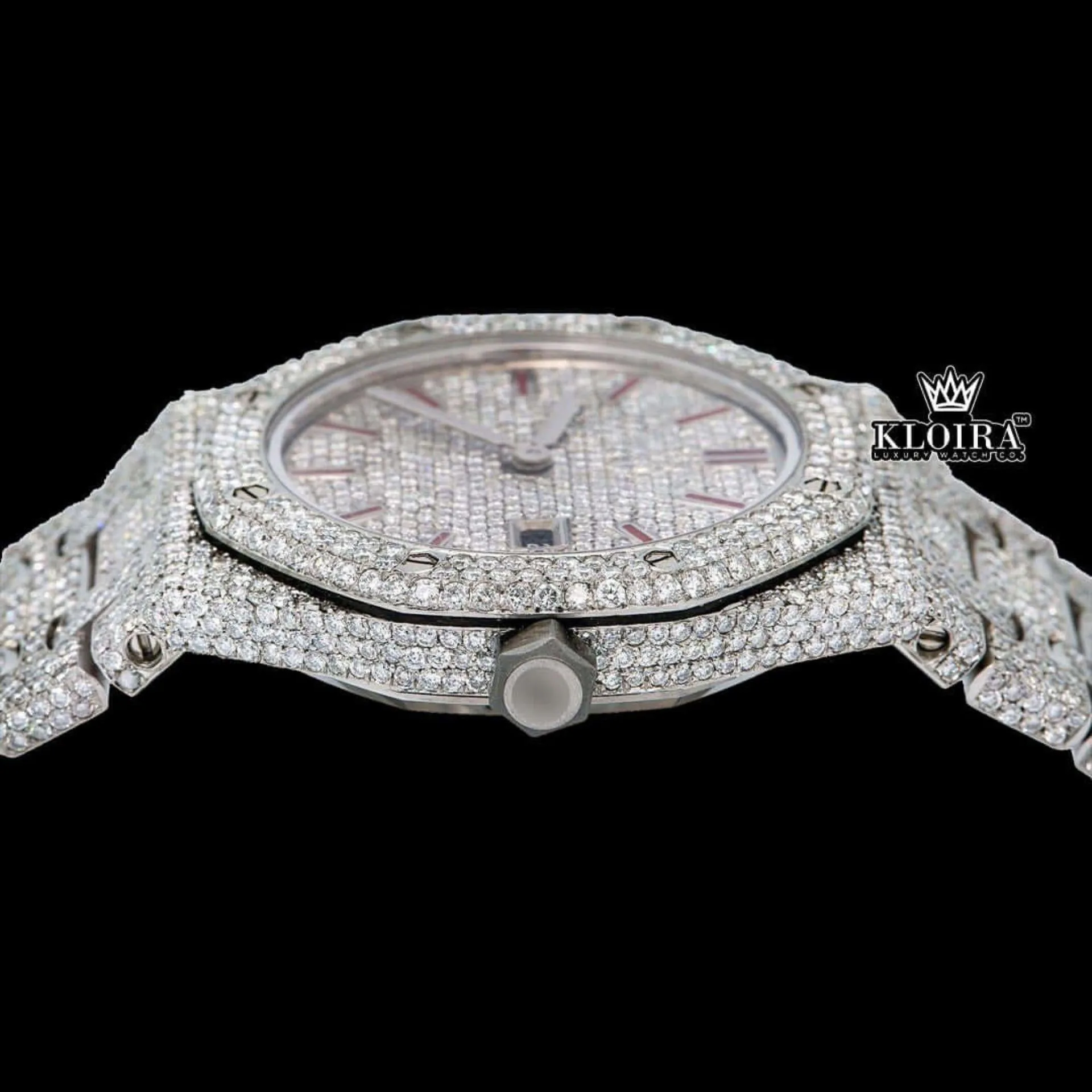 Fully Iced Out Red Stick Date Display Dial Moissanite Diamond Watch Crown View