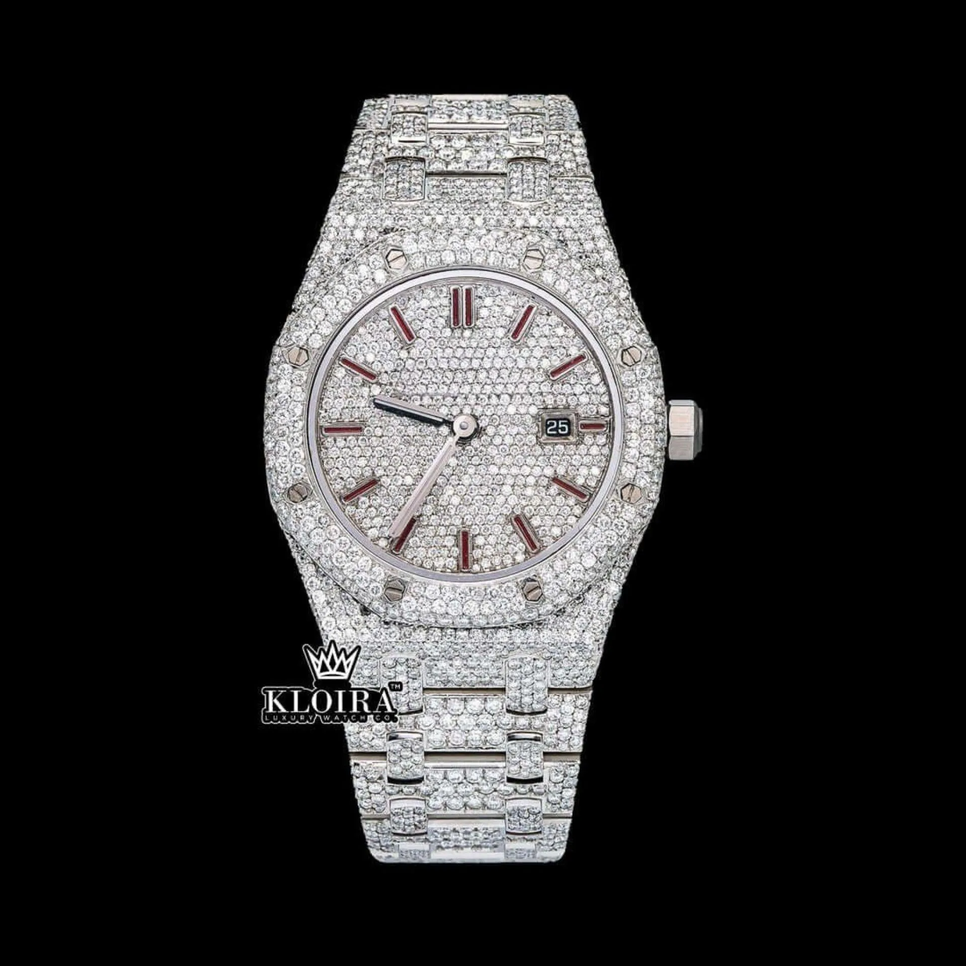AP Fully Iced Out Royal Oak Moissanite Watch with Red Stick Markers