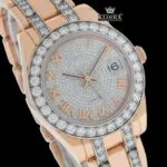 Fully Iced Out Roman Dial Rose Gold Moissanite Watch Close Up Dial View