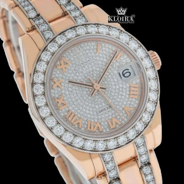 Fully Iced Out Roman Dial Rose Gold Moissanite Watch Close Up Dial View