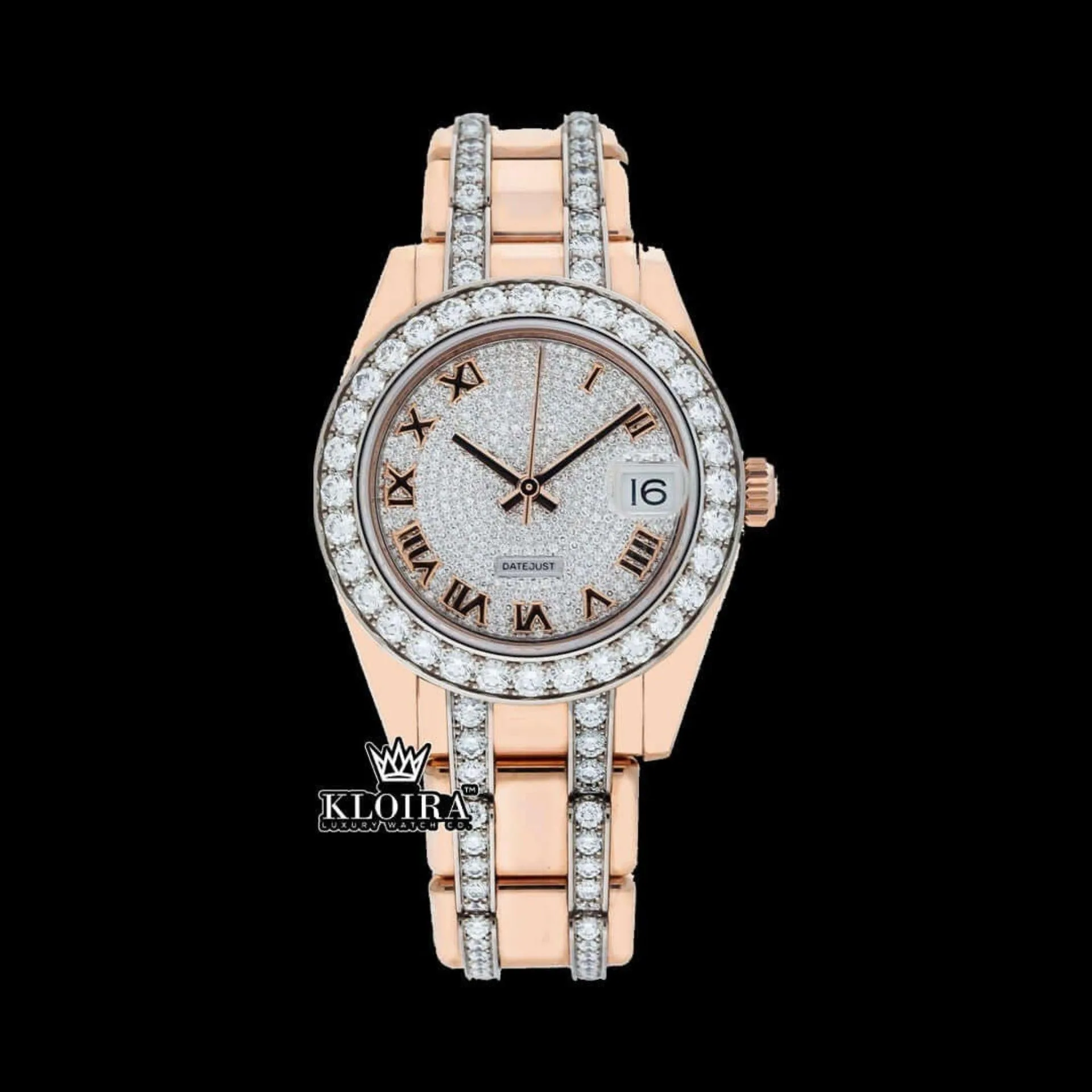 Roles Fully Iced Out Roman Dial Moissanite Watch in rose gold with sparkling details