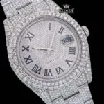 Fully Iced Out Roman Numerals Date Dial Moissanite Diamond Watch Close Up Dial View