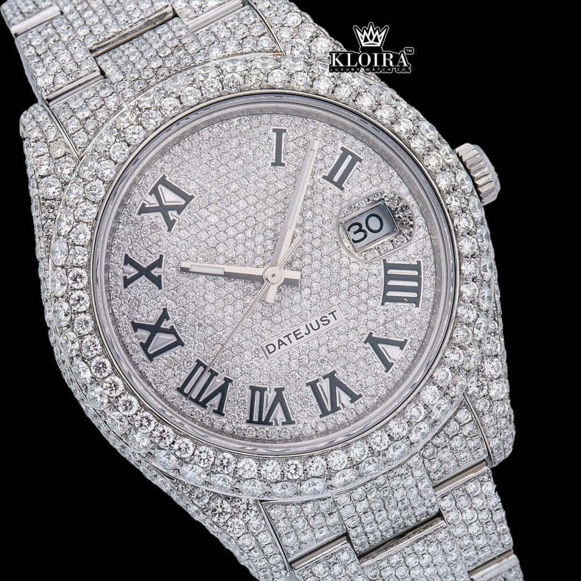 Fully Iced Out Roman Numerals Date Dial Moissanite Diamond Watch Close Up Dial View