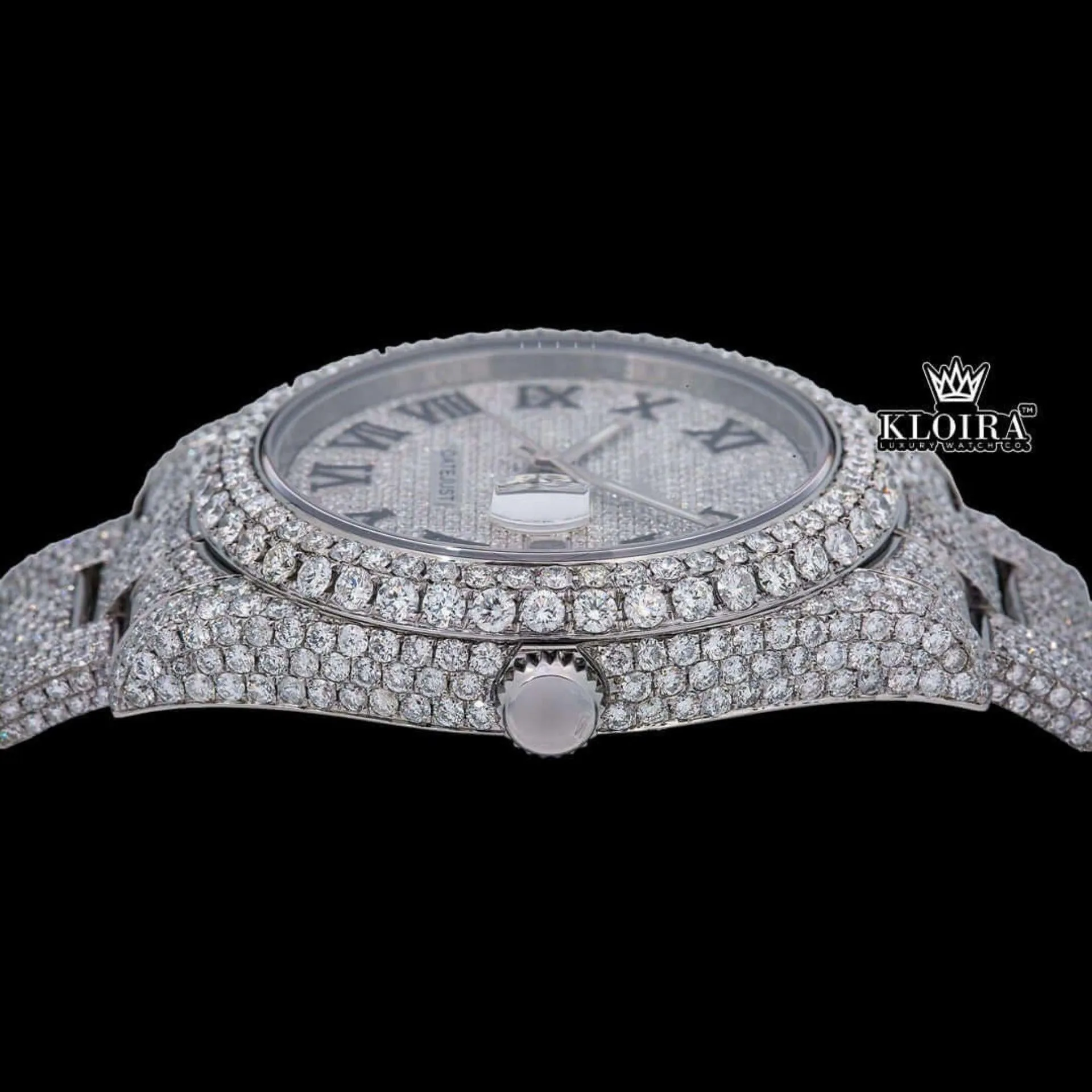 Fully Iced Out Roman Numerals Date Dial Moissanite Diamond Watch Crown View