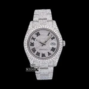 Roles Fully Iced Out Roman Numerals Date Dial Moissanite Watch