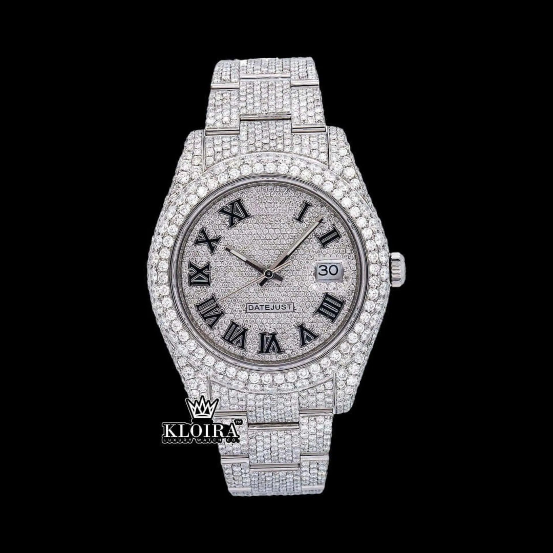 Roles Fully Iced Out Roman Numerals Date Dial Moissanite Watch with Gold Plating and Diamonds