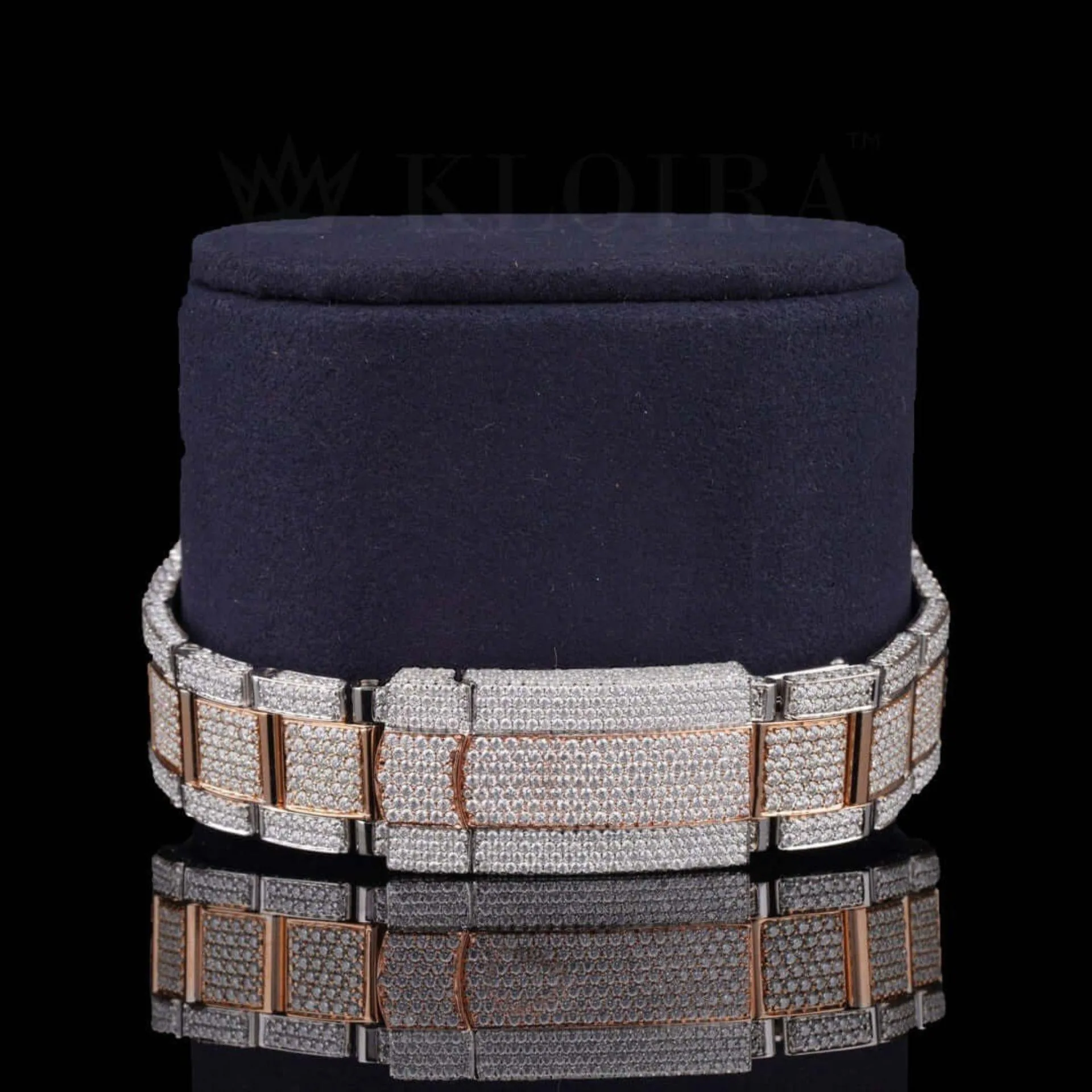 Fully Iced Out Rose Gold Dial Diamond Markers Two Tone Moissanite Watch Bracelet View