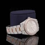 Fully Iced Out Rose Gold Dial Diamond Markers Two Tone Moissanite Watch Laft Profile View