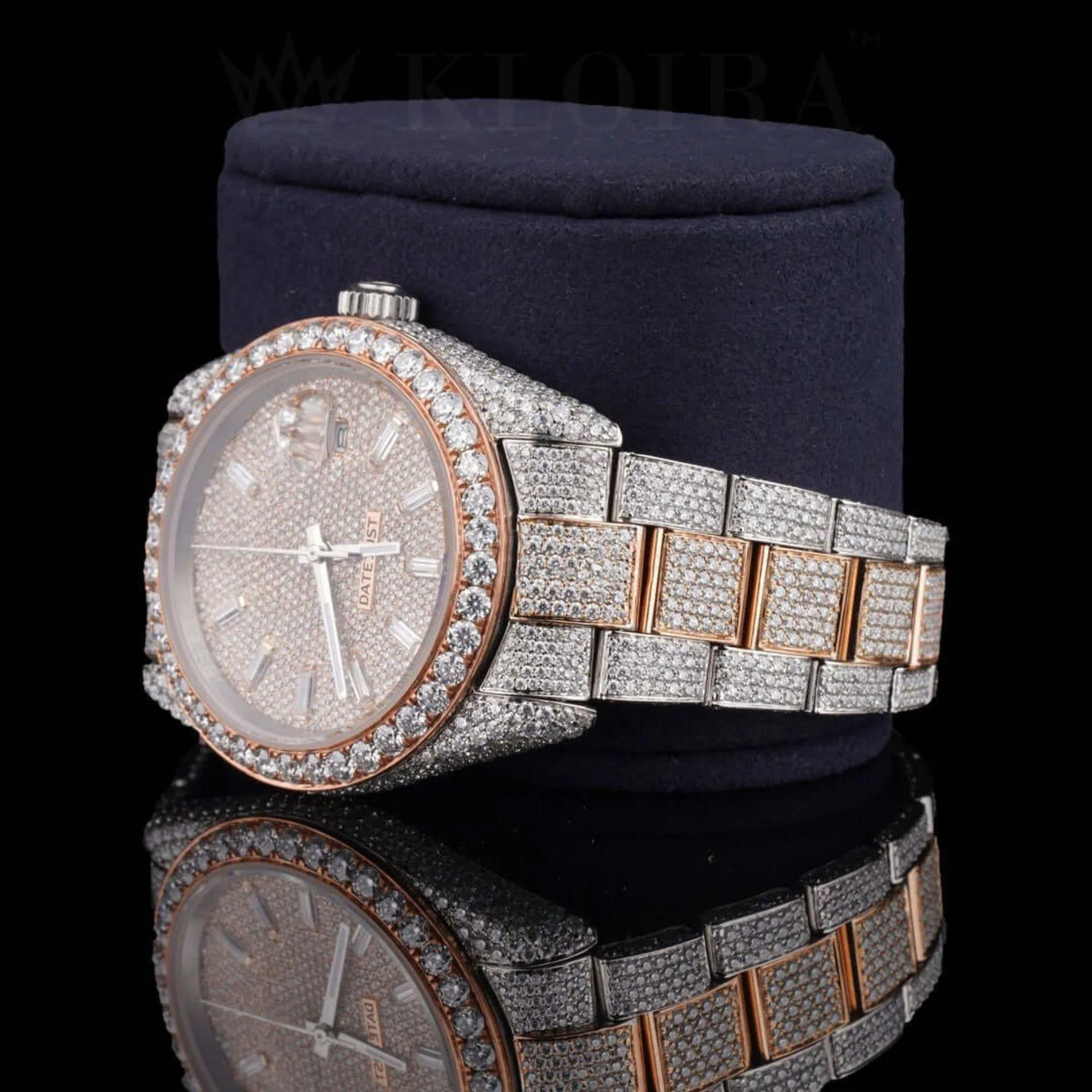 Fully Iced Out Rose Gold Dial Diamond Markers Two Tone Moissanite Watch Right Profile View