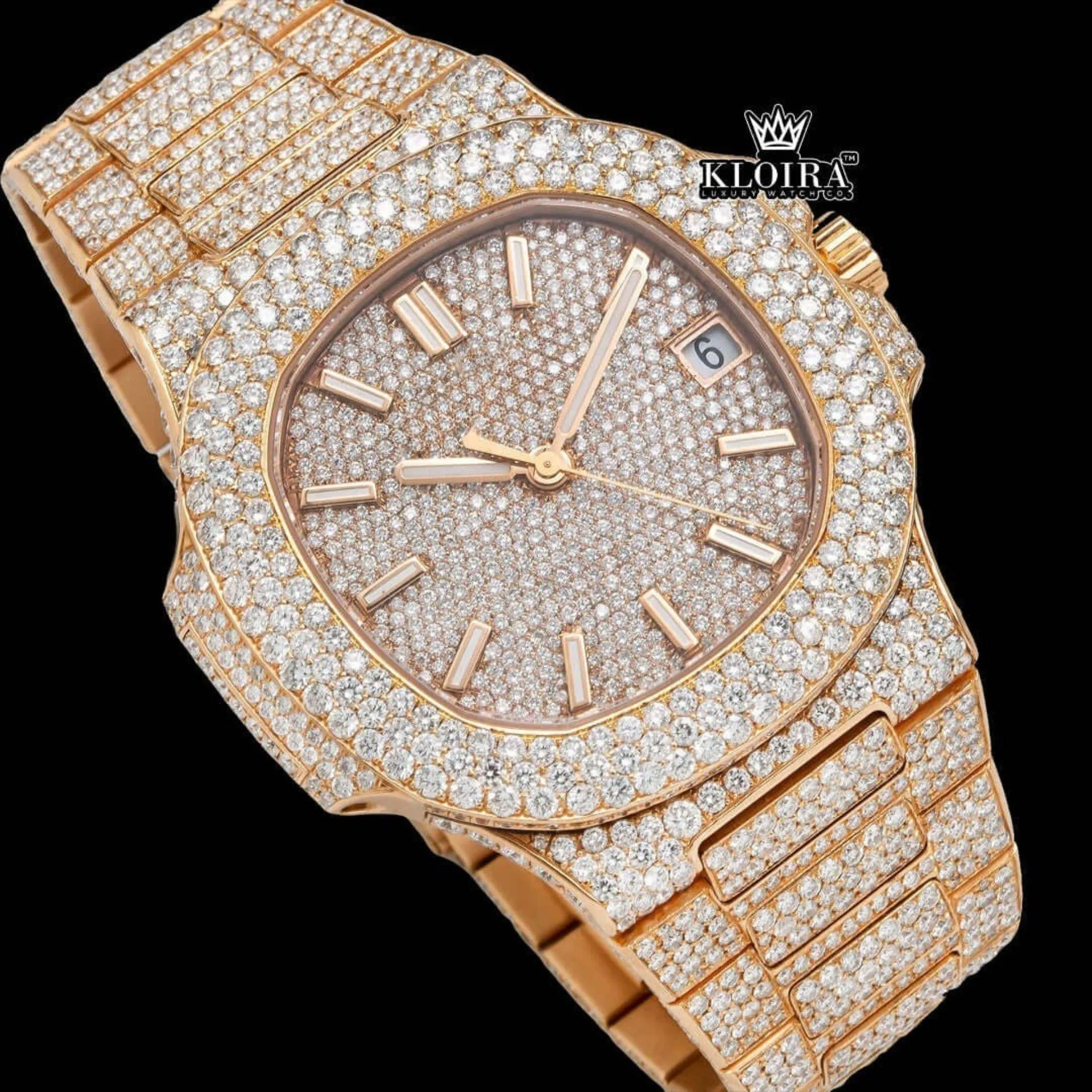 Fully Iced Out Rose Gold Stick Markers Moissanite Diamond Watch Close Up Dial View