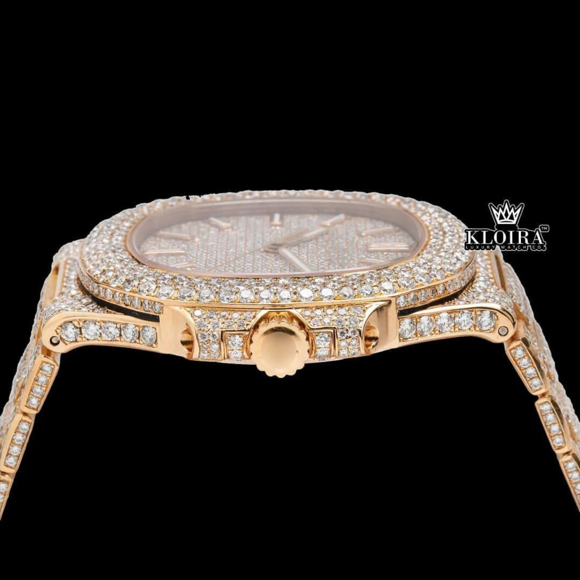 Fully Iced Out Rose Gold Stick Markers Moissanite Diamond Watch Crown View