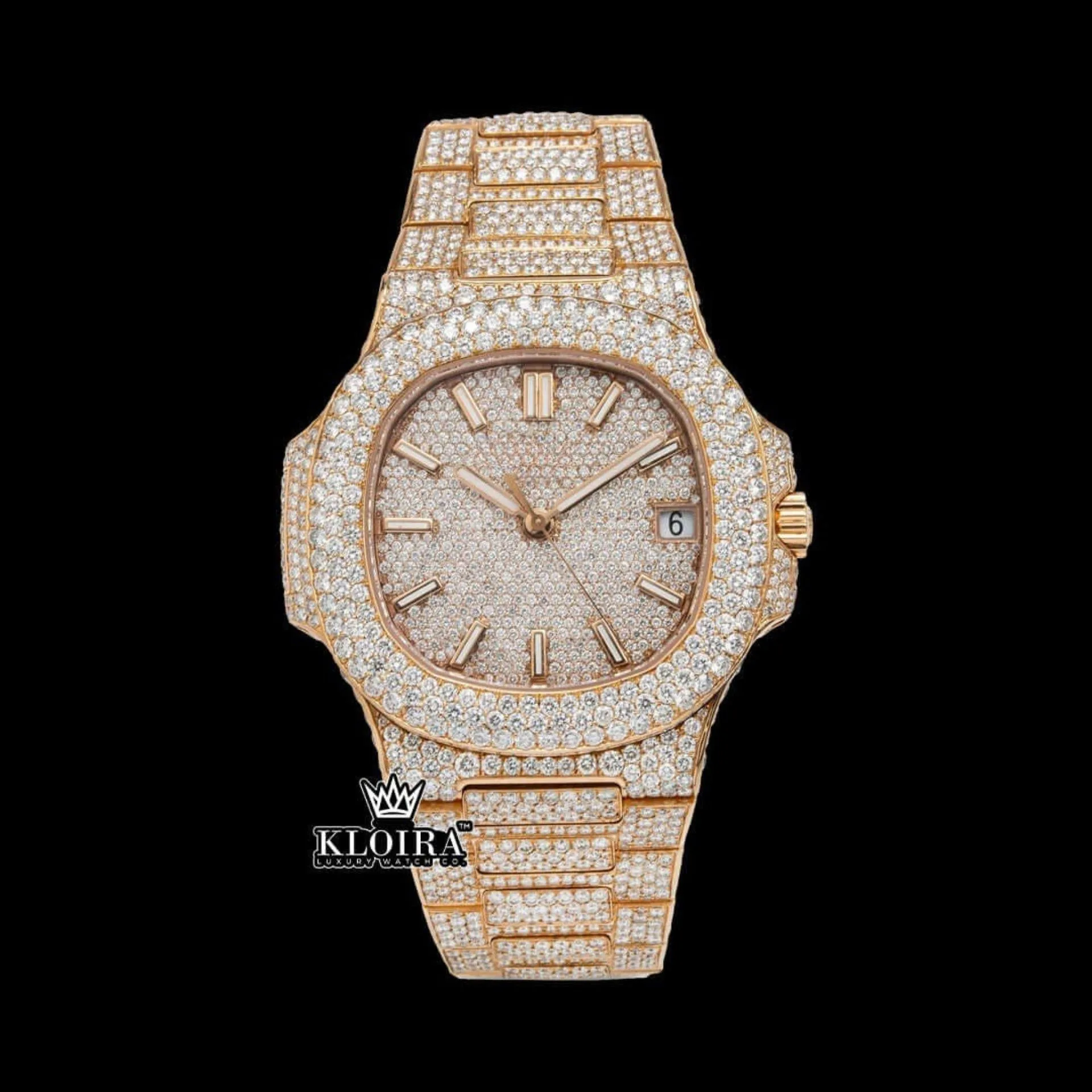 Patik Philippe Fully Iced Out Moissanite Diamond Watch with rose gold details