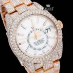 Fully Iced Out Rose Gold White Dial Moissanite Diamond Watch Close Up Dial View