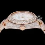 Fully Iced Out Rose Gold White Dial Moissanite Diamond Watch Crown View