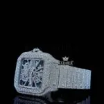 Fully Iced Out Skeleton Dial White Gold Diamond Bar Strap Moissanite Watch Left Profile View