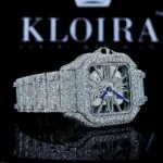Fully Iced Out Skeleton Dial White Gold Moissanite Diamond Watch Left Strap View
