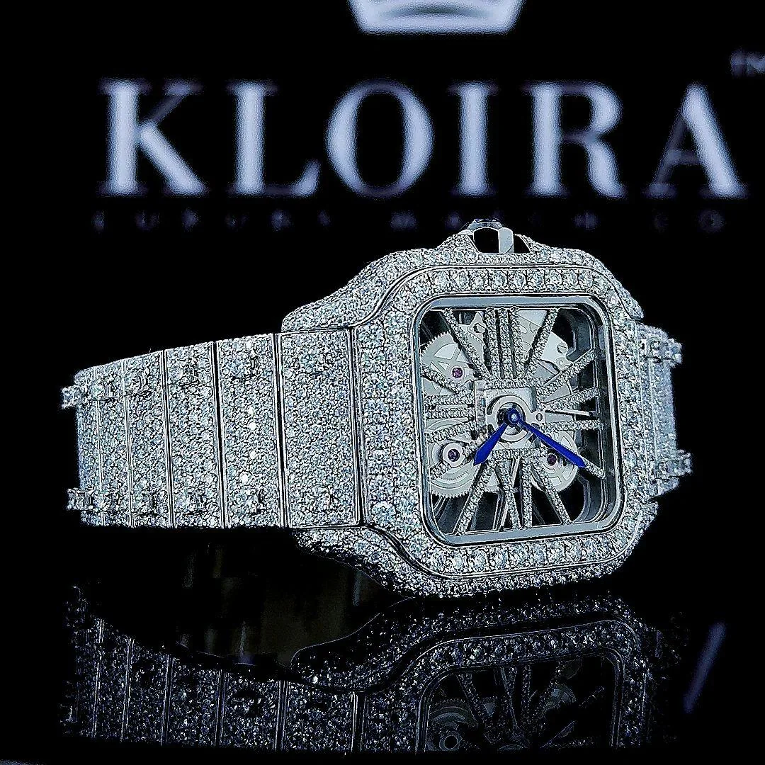 Fully Iced Out Skeleton Dial White Gold Moissanite Diamond Watch Left Strap View
