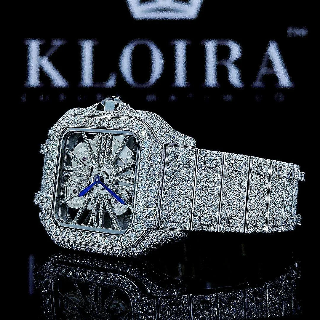 Fully Iced Out Skeleton Dial White Gold Moissanite Diamond Watch Right Strap View