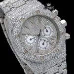 Fully Iced Out Stick Markers White Chronograph Dial Moissanite Watch Close Up Dial View