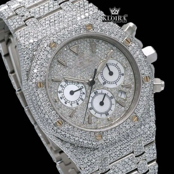 Fully Iced Out Stick Markers White Chronograph Dial Moissanite Watch Close Up Dial View
