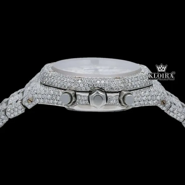 Fully Iced Out Stick Markers White Chronograph Dial Moissanite Watch Crown View