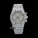 AP Fully Iced Out Stick Markers Chronograph Moissanite Watch with white dial and gold accents