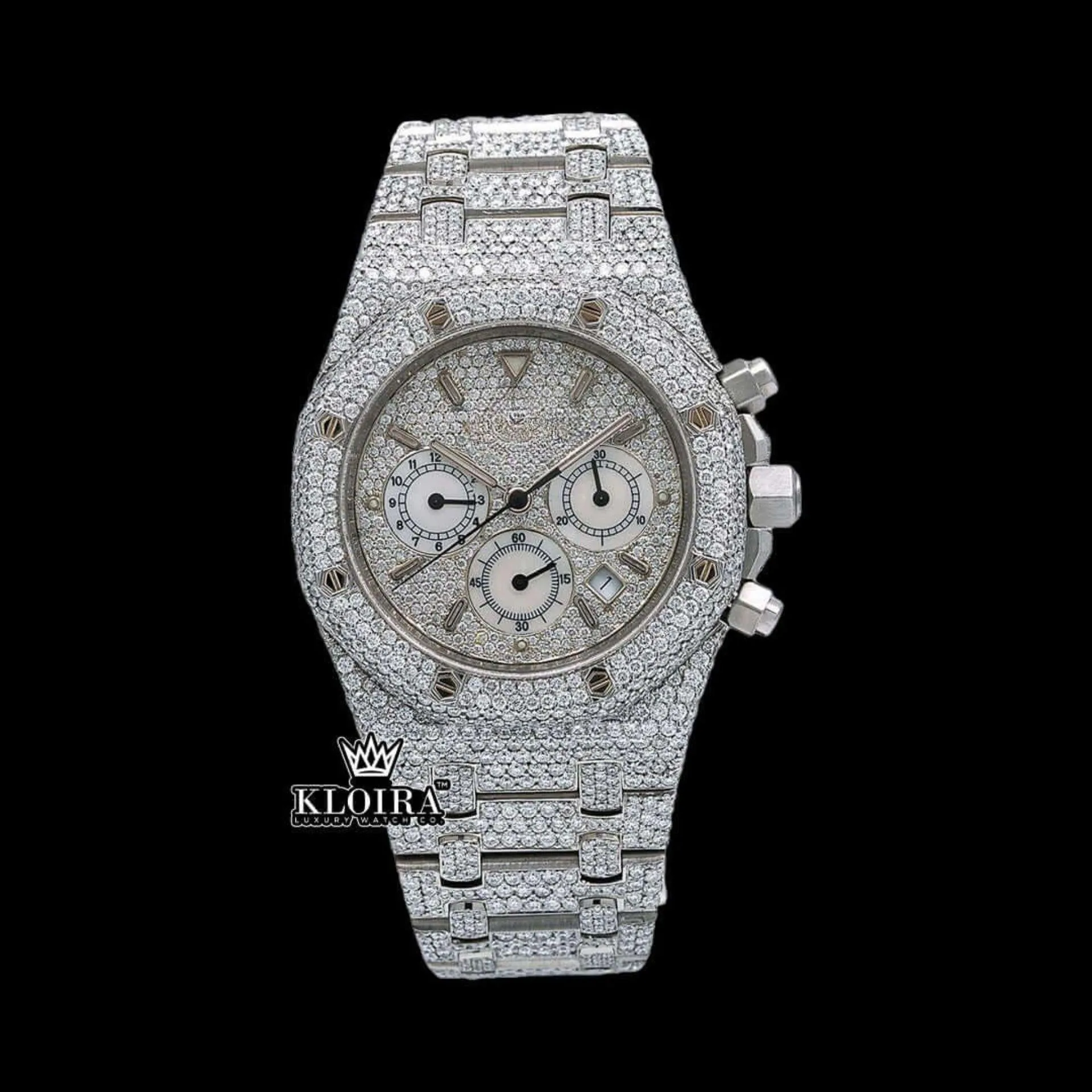 AP Fully Iced Out Stick Markers Chronograph Moissanite Watch with white dial and gold accents