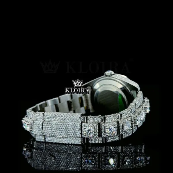 Fully Iced Out Stick Markers White Dial Diamond Link Strap Moissanite Watch Caseback View
