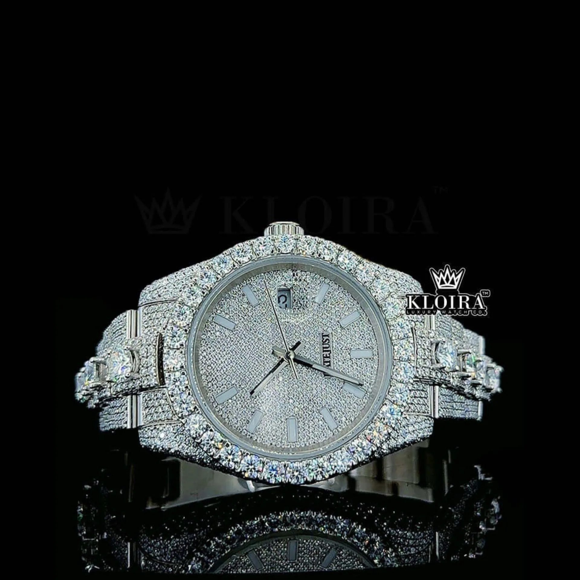 Roles Fully Iced Out Stick Markers Moissanite Watch with White Dial and Gold Strap