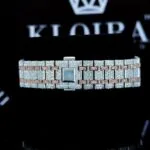 Fully Iced Out Two Tone Black Dial Chronograph Stick Markers Moissanite Watch Back View