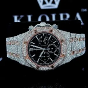 AP Fully Iced Out Chronograph Moissanite Watch with Black Dial