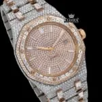 Fully Iced Out Two Tone Rose Gold Moissanite Diamond Baguette Watch Close Up Dial View