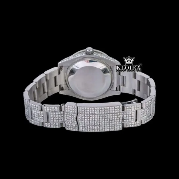 Fully Iced Out White Dial Black Roman Numerals Moissanite Diamond Watch Caseback View