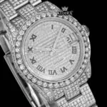 Fully Iced Out White Dial Black Roman Numerals Moissanite Diamond Watch Close Up Dial View