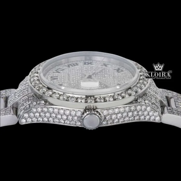 Fully Iced Out White Dial Black Roman Numerals Moissanite Diamond Watch Crown View