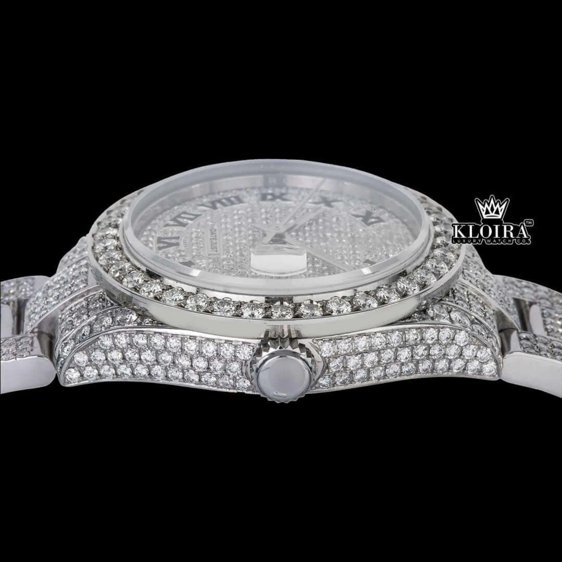 Fully Iced Out White Dial Black Roman Numerals Moissanite Diamond Watch Crown View