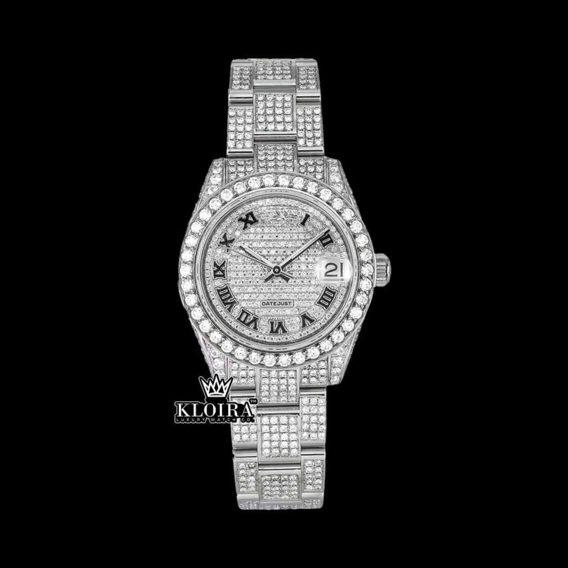 Roles Fully Iced Out Moissanite Diamond Watch White Dial with Black Roman Numerals
