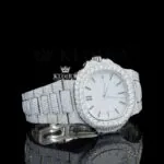 Fully Iced Out White Dial Black Stick Markers Lab-Grown Diamond Watch Right Profile View