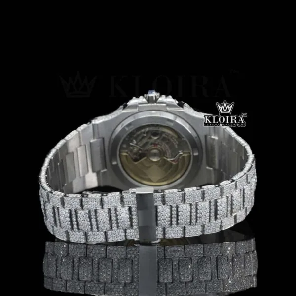Fully Iced Out White Dial Black Stick Markers Moissanite Diamond Watch Caseback View