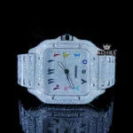 Cartior Fully Iced Out Moissanite Watch with Rainbow Arabic Numerals and White Dial