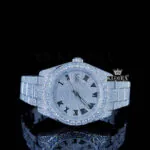 Roles Fully Iced Out Moissanite Watch with White Dial and Roman Black Numerals