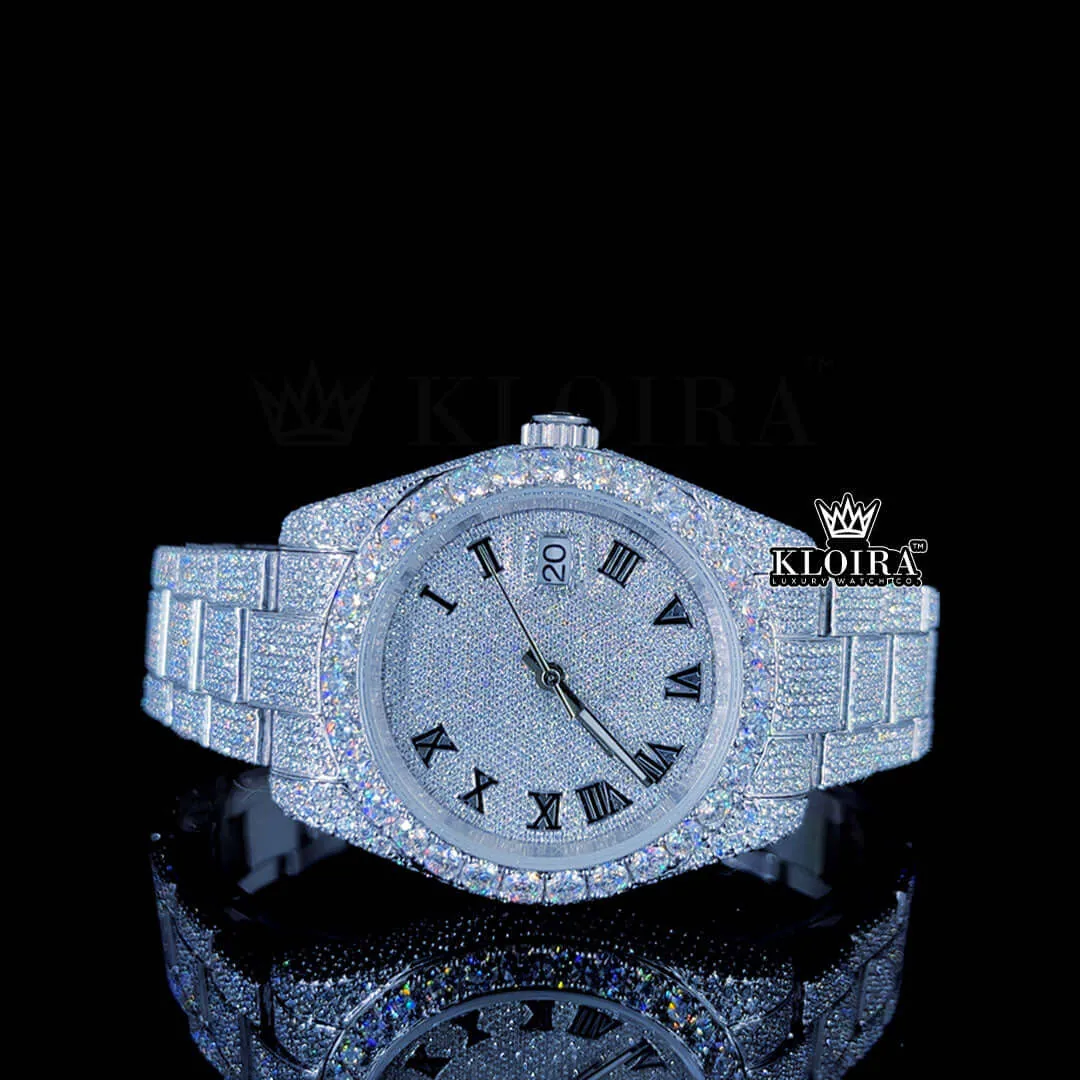 Roles Fully Iced Out Moissanite Watch with White Dial and Roman Black Numerals