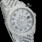 Fully Iced Out White Dial RomanNumerals Moissanite Diamond Watch Close Up Dial View