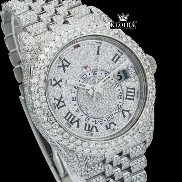 Fully Iced Out White Dial RomanNumerals Moissanite Diamond Watch Close Up Dial View