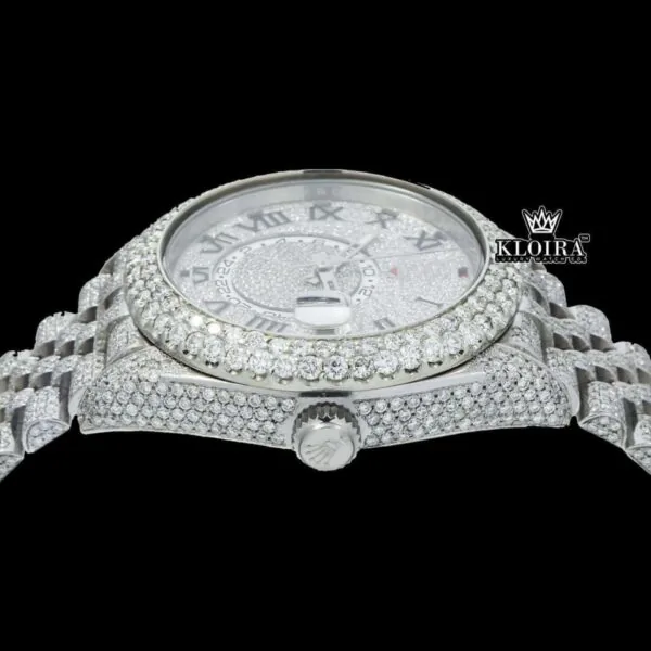 Fully Iced Out White Dial RomanNumerals Moissanite Diamond Watch Crown View