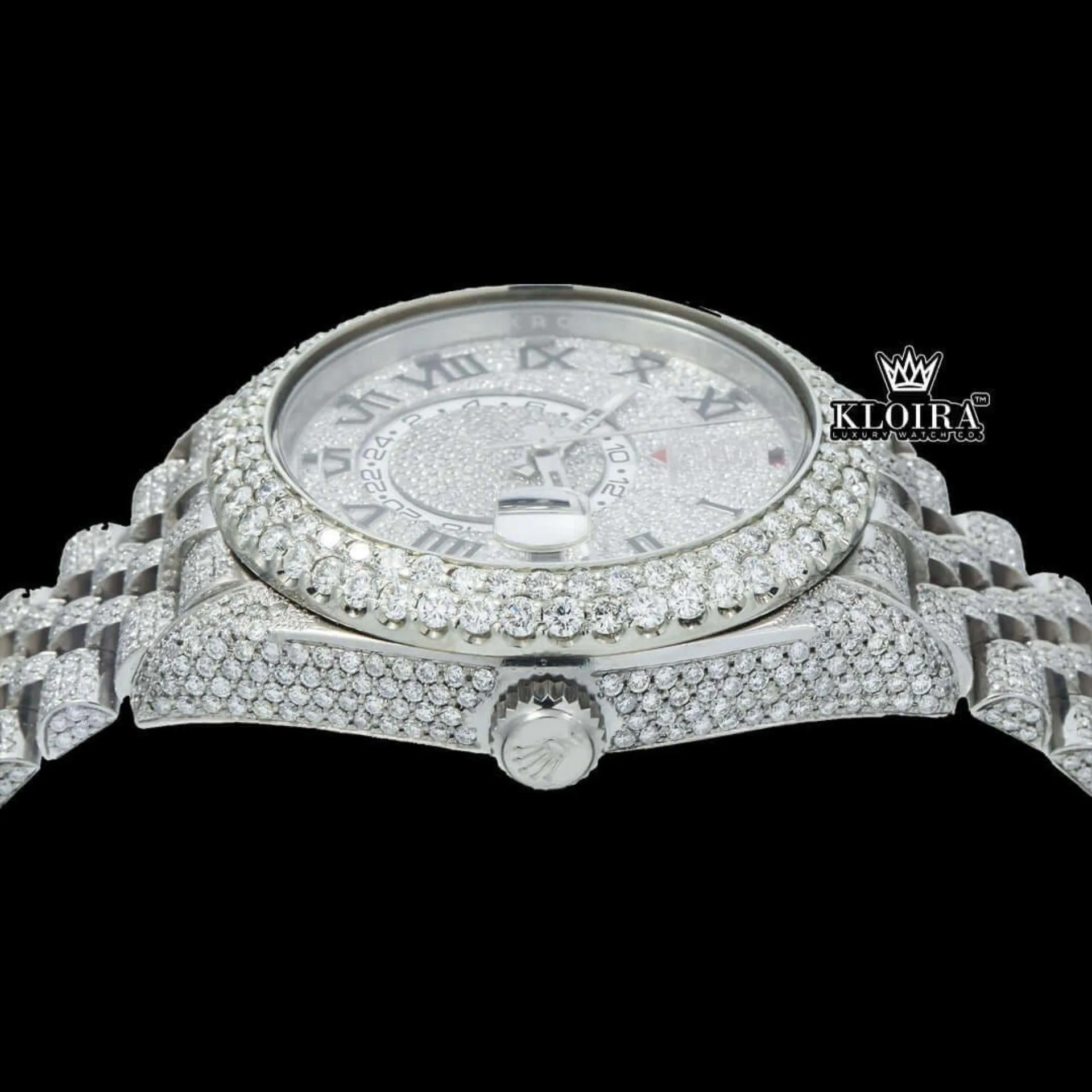Fully Iced Out White Dial RomanNumerals Moissanite Diamond Watch Crown View