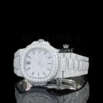 Fully Iced Out White Dial Stick Markers Moissanite Watch Left Profile View