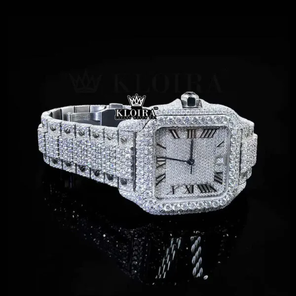 Fully Iced Out White Roman Dial Block Link Strap Moissanite Watch Close Up Front View