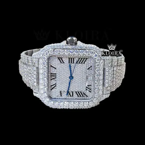 Fully Iced Out White Roman Dial Block Link Strap Moissanite Watch Dial View